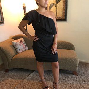 Black one shoulder party cocktail mini dress
